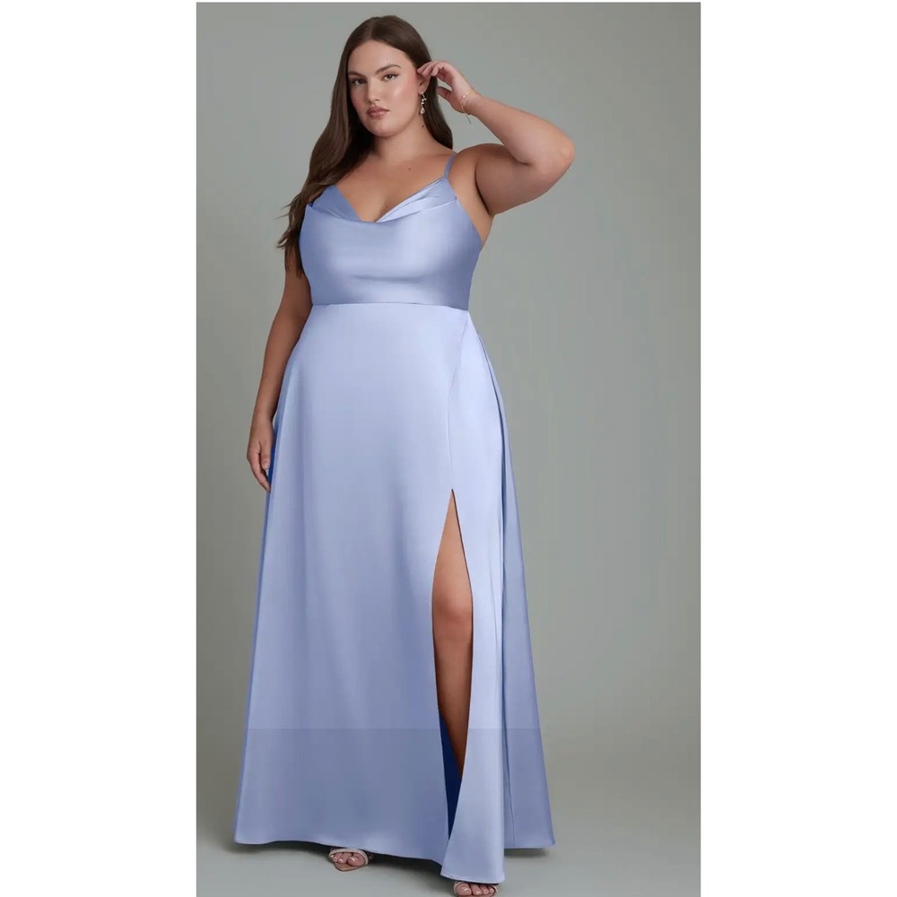 Azazie Elle Maxi Dress Ice Blue Satin Cowl Neck Side Slit A22 New